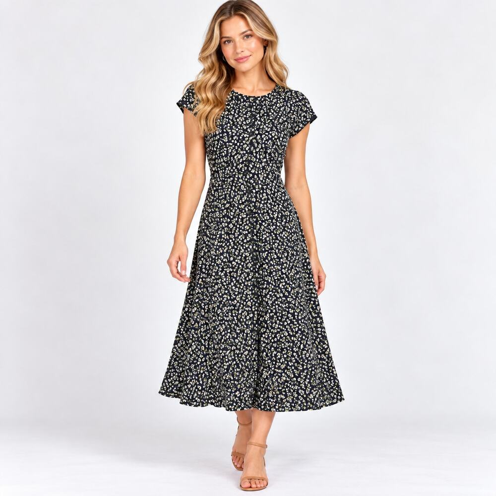 Dorothy Perkins Vintage Button-Up Dress Women Size 8 Floral Black Floral Cottage